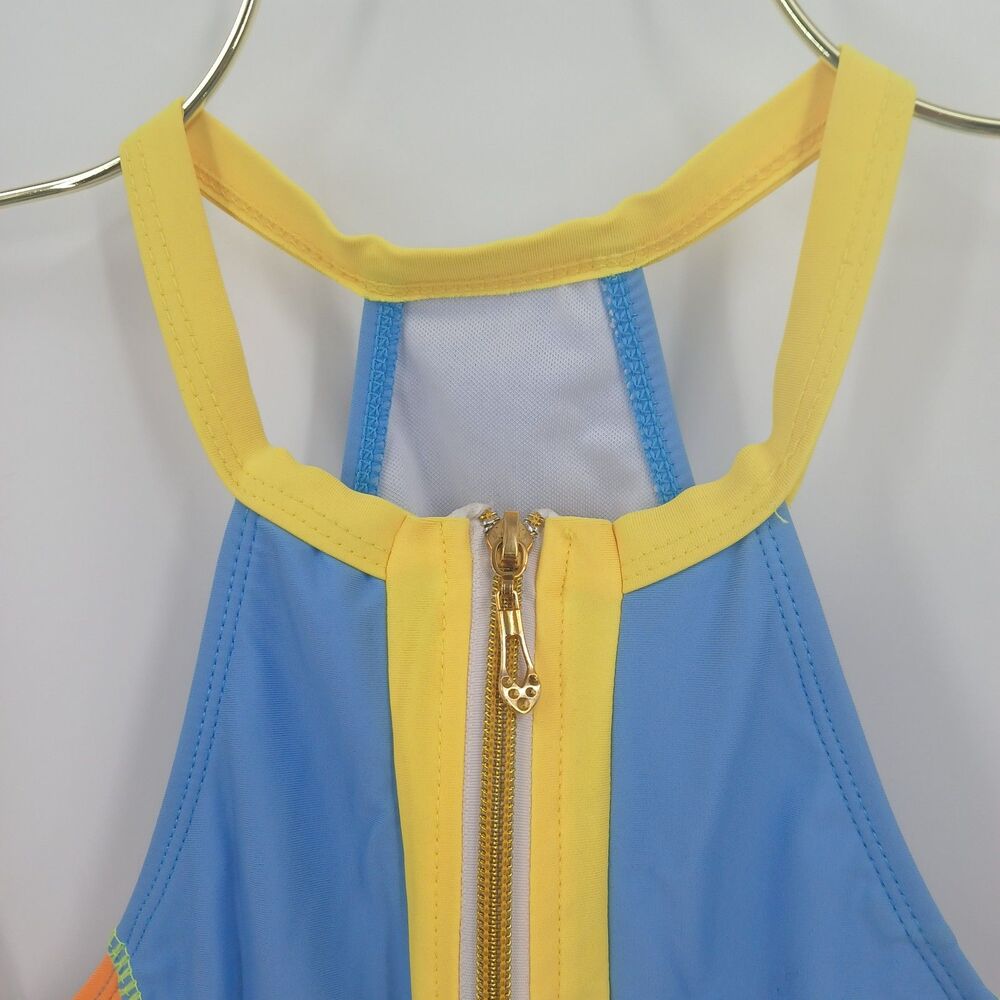 womens size medium High-Neck Color-Block Zipper One-Piece Swimsuit blue orange - Picture 7 of 7